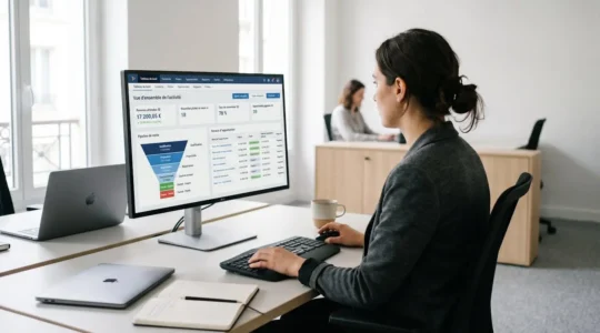 Professionnelle travaillant sur un logiciel CRM affichant un tableau de bord de gestion des leads avec pipeline commercial et indicateurs de qualification, dans un bureau moderne aux tons clairs et lumineux