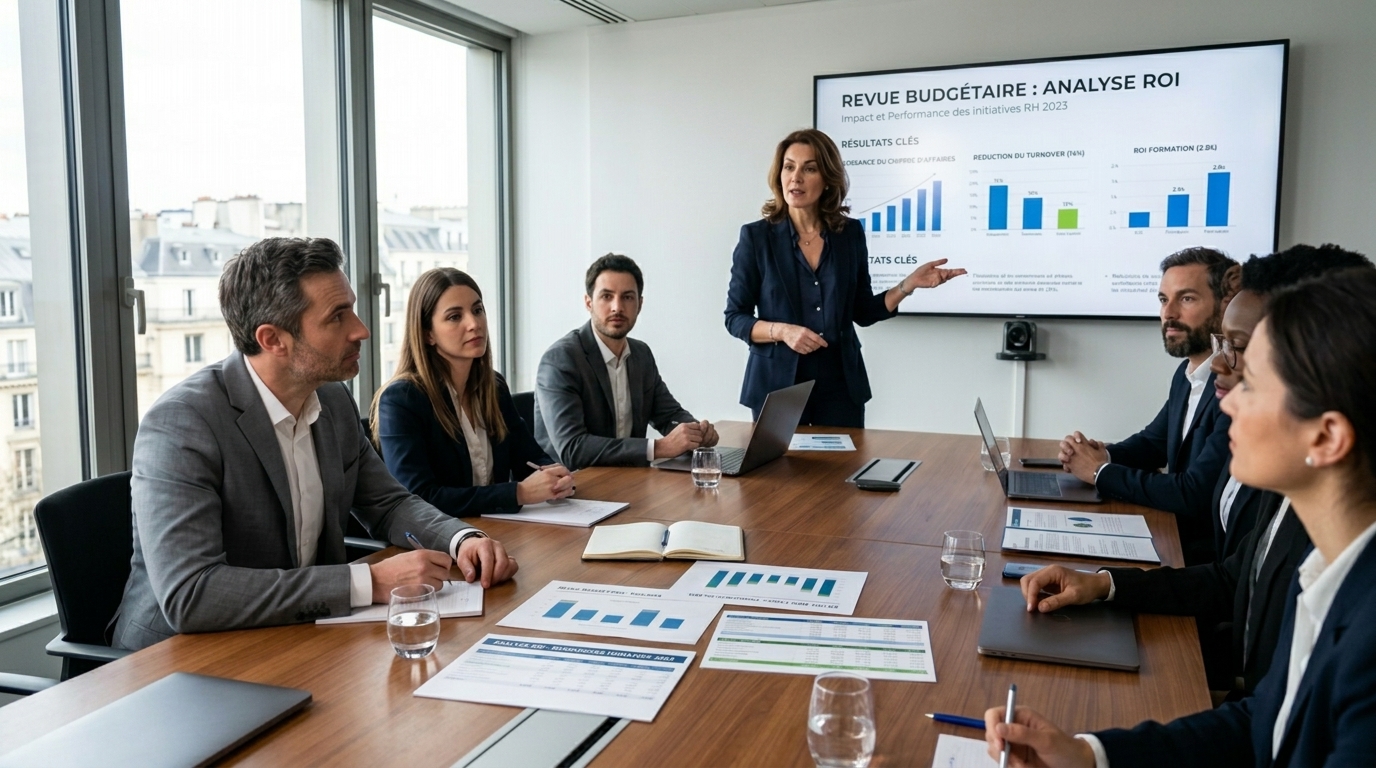 Directrice RH présentant les résultats d'analyse ROI lors d'une réunion budgétaire en salle de conférence
