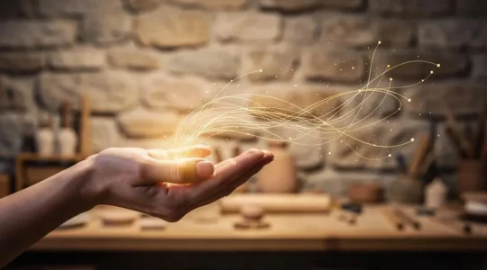 Une main tenant un smartphone diffusant une lumière chaleureuse qui se transforme en un réseau de fils lumineux délicats, symbolisant l'équilibre entre automatisation et relation humaine authentique