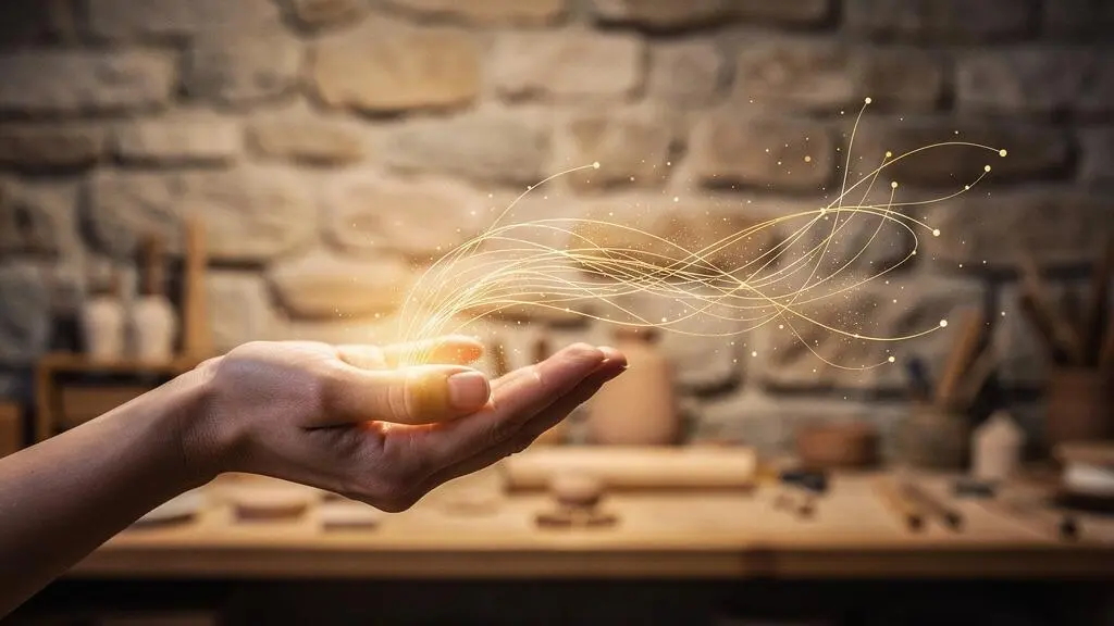 Une main tenant un smartphone diffusant une lumière chaleureuse qui se transforme en un réseau de fils lumineux délicats, symbolisant l'équilibre entre automatisation et relation humaine authentique