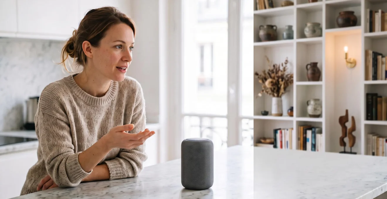 Une femme dans une cuisine parisienne lumineuse s'exprime à voix haute face à une enceinte connectée sans écran, illustrant l'essor de la recherche vocale en France