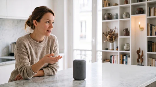 Une femme dans une cuisine parisienne lumineuse s'exprime à voix haute face à une enceinte connectée sans écran, illustrant l'essor de la recherche vocale en France