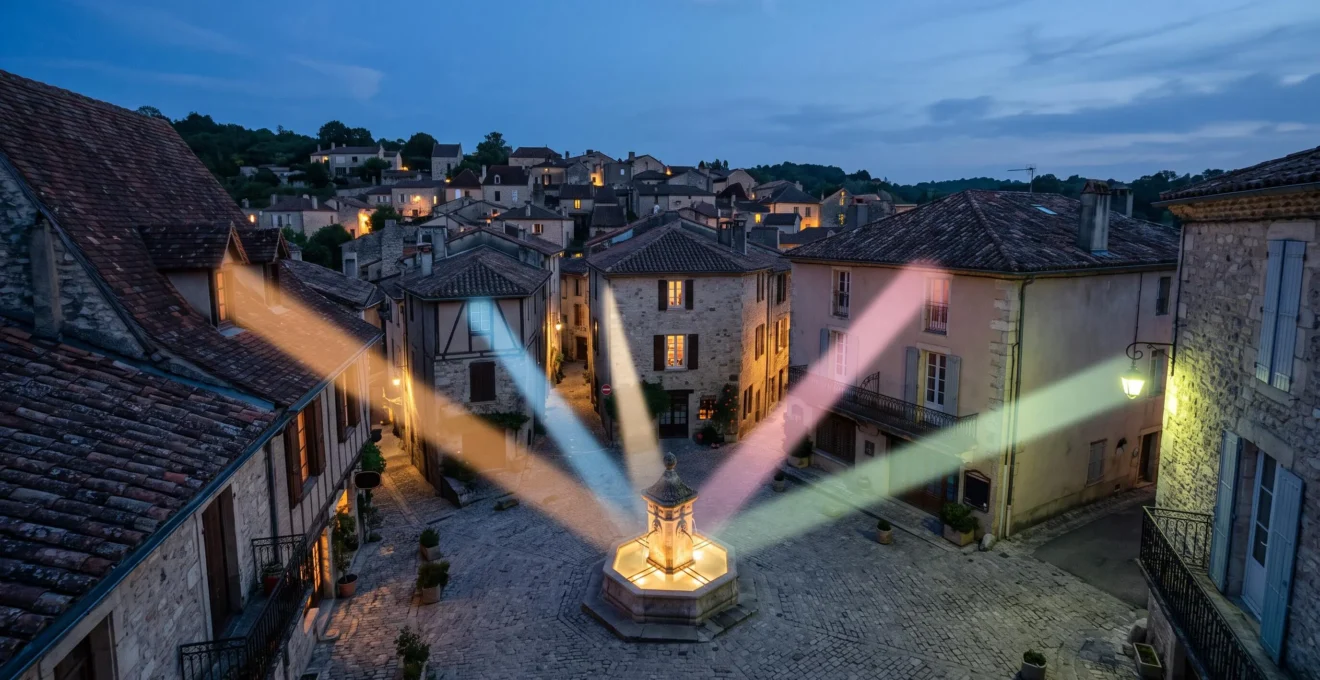 Carrefour stylisé où plusieurs faisceaux de lumière convergent vers un point central, symbolisant la visibilité simultanée sur plusieurs plateformes de recherche