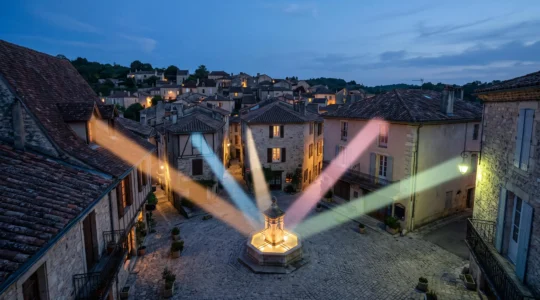 Carrefour stylisé où plusieurs faisceaux de lumière convergent vers un point central, symbolisant la visibilité simultanée sur plusieurs plateformes de recherche
