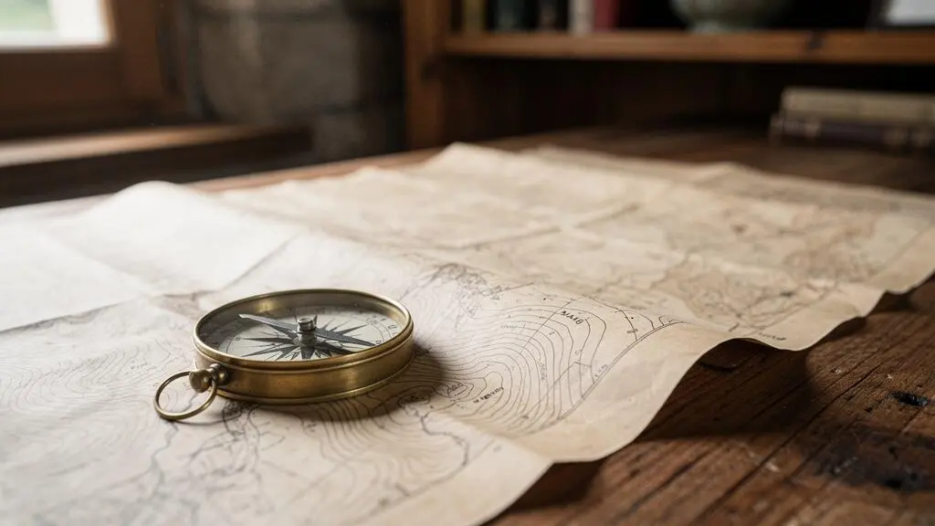 Une boussole ancienne posee sur une table en bois avec des cartes deroulees, symbolisant la recherche strategique de mots-cles rentables