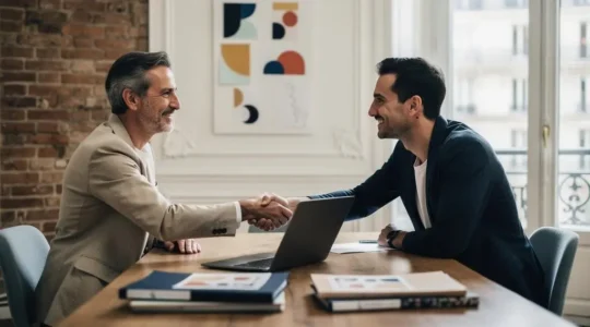Entrepreneur francais evaluant avec confiance le choix d'une agence web serieuse