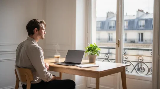 Entrepreneur francais reflechissant a son choix de CMS dans un bureau lumineux avec vue sur les toits de Paris
