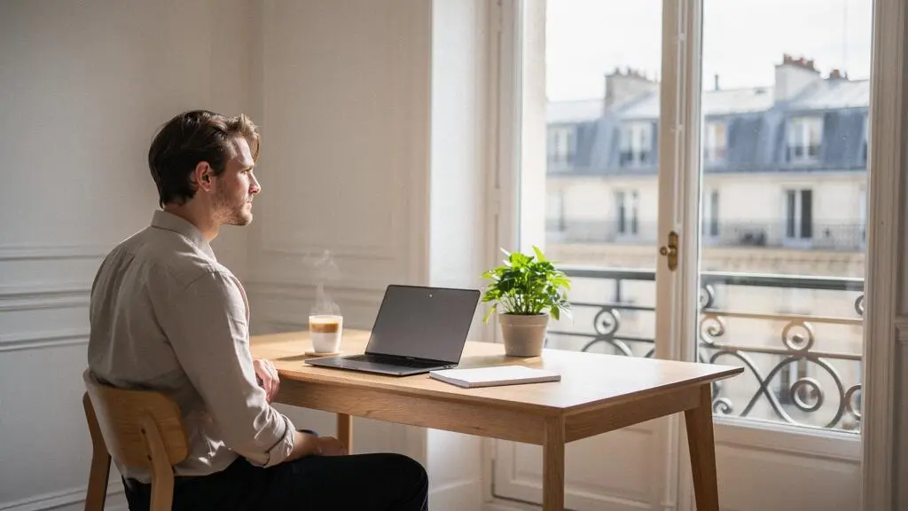 Entrepreneur francais reflechissant a son choix de CMS dans un bureau lumineux avec vue sur les toits de Paris