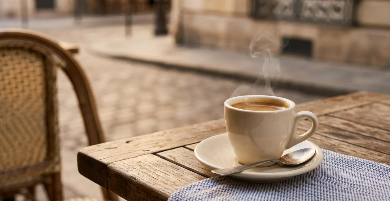 Tasse de café fumante sur une table de terrasse parisienne, illustrant l'instant suspendu d'un cinémagraphe entre photo et vidéo