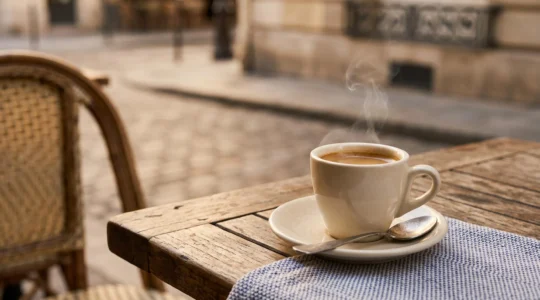 Tasse de café fumante sur une table de terrasse parisienne, illustrant l'instant suspendu d'un cinémagraphe entre photo et vidéo