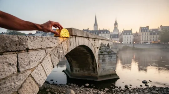 Une main posant la pierre angulaire dorée d'un pont en pierre ancien surplombant une ville française, symbolisant la construction de liens puissants