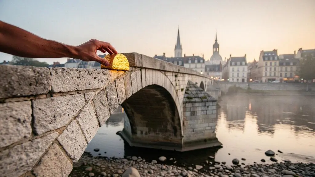 Une main posant la pierre angulaire dorée d'un pont en pierre ancien surplombant une ville française, symbolisant la construction de liens puissants