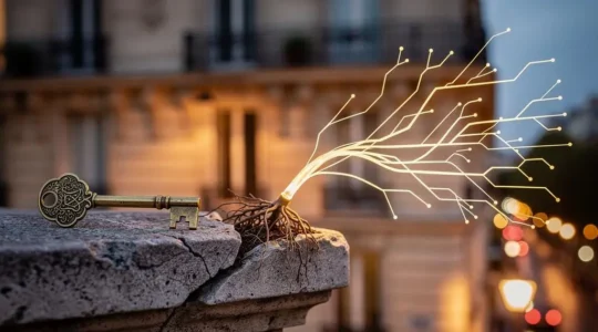 Clé dorée symbolisant les fondations SEO d'un nom de domaine, devant une architecture parisienne floue au crépuscule