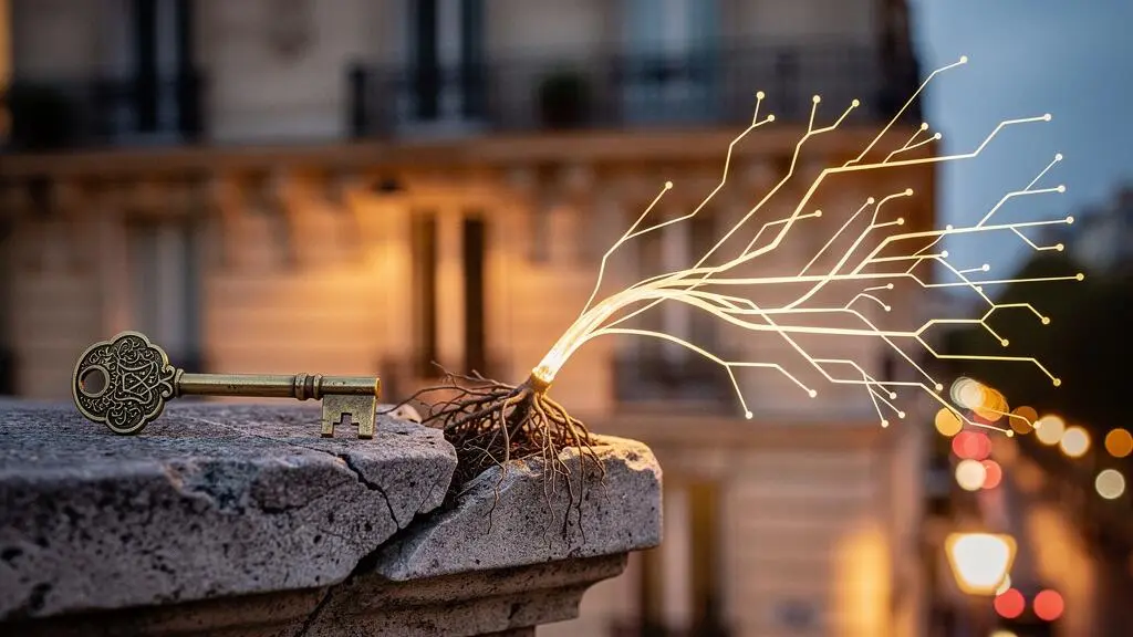 Clé dorée symbolisant les fondations SEO d'un nom de domaine, devant une architecture parisienne floue au crépuscule