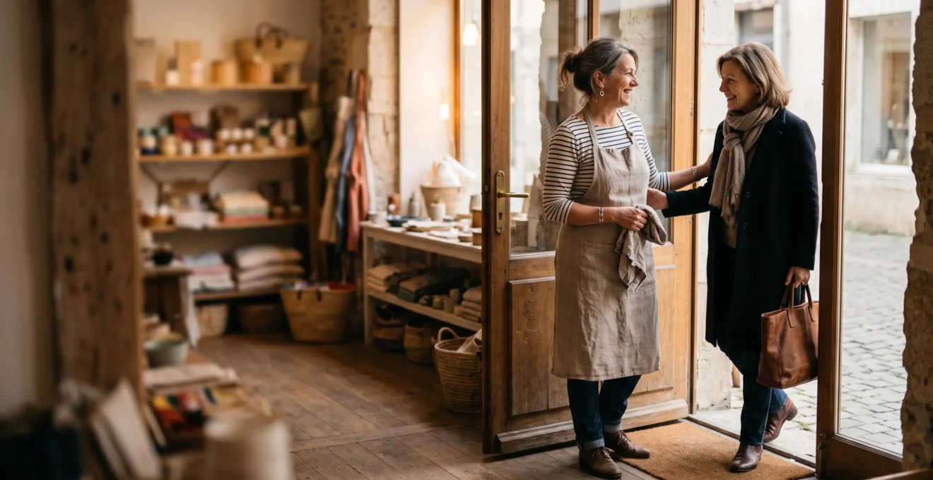 Commerçant français accueillant chaleureusement un client fidèle dans sa boutique après plusieurs années