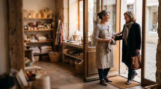 Commerçant français accueillant chaleureusement un client fidèle dans sa boutique après plusieurs années