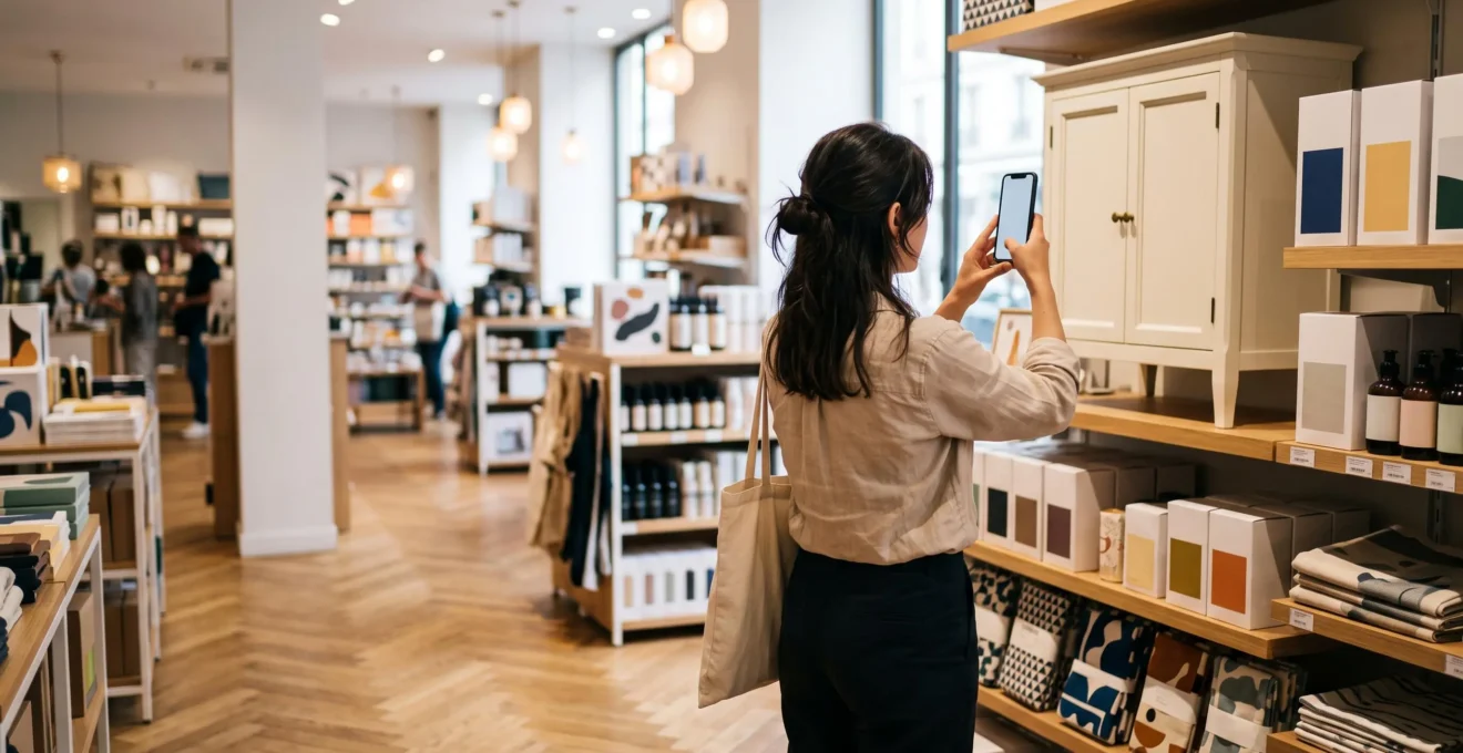 Un client de dos photographie un produit en rayon avec son smartphone dans un magasin français