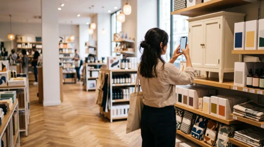 Un client de dos photographie un produit en rayon avec son smartphone dans un magasin français