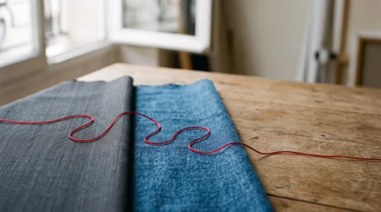 Un fil rouge continu reliant des tissus de textures opposées, symbole de la cohérence d'une voix de marque entre canaux formels et décontractés