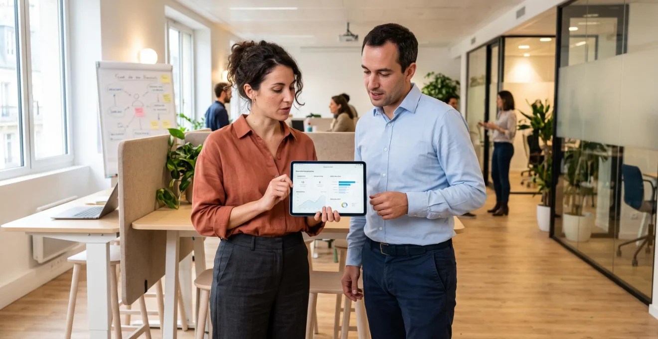 Deux professionnels RH collaborant sur l'optimisation du processus de recrutement en consultant des données sur tablette