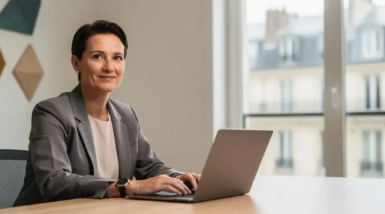 Dirigeant B2B examinant un écran dans un bureau parisien épuré, incarnant la confiance immédiate inspirée par un design professionnel