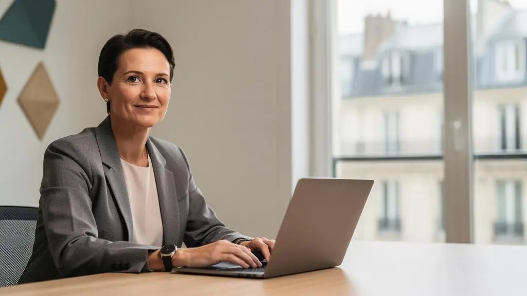 Dirigeant B2B examinant un écran dans un bureau parisien épuré, incarnant la confiance immédiate inspirée par un design professionnel