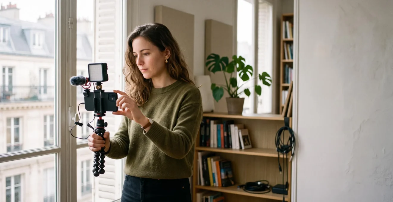 Créateur de contenu français filmant une vidéo pour son blog avec un équipement compact et abordable dans un appartement lumineux