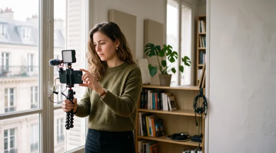 Créateur de contenu français filmant une vidéo pour son blog avec un équipement compact et abordable dans un appartement lumineux