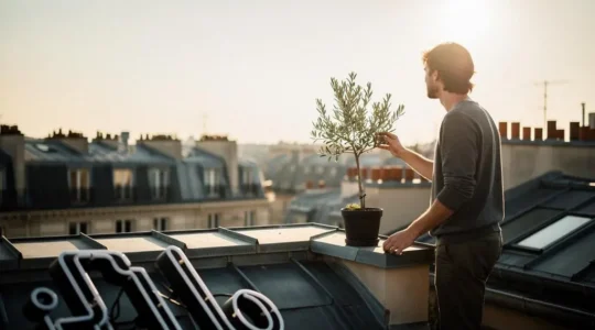 Jeune entrepreneur sur un toit parisien au lever du soleil touchant un olivier en pot, symbole de la croissance organique du referencement naturel sans publicite