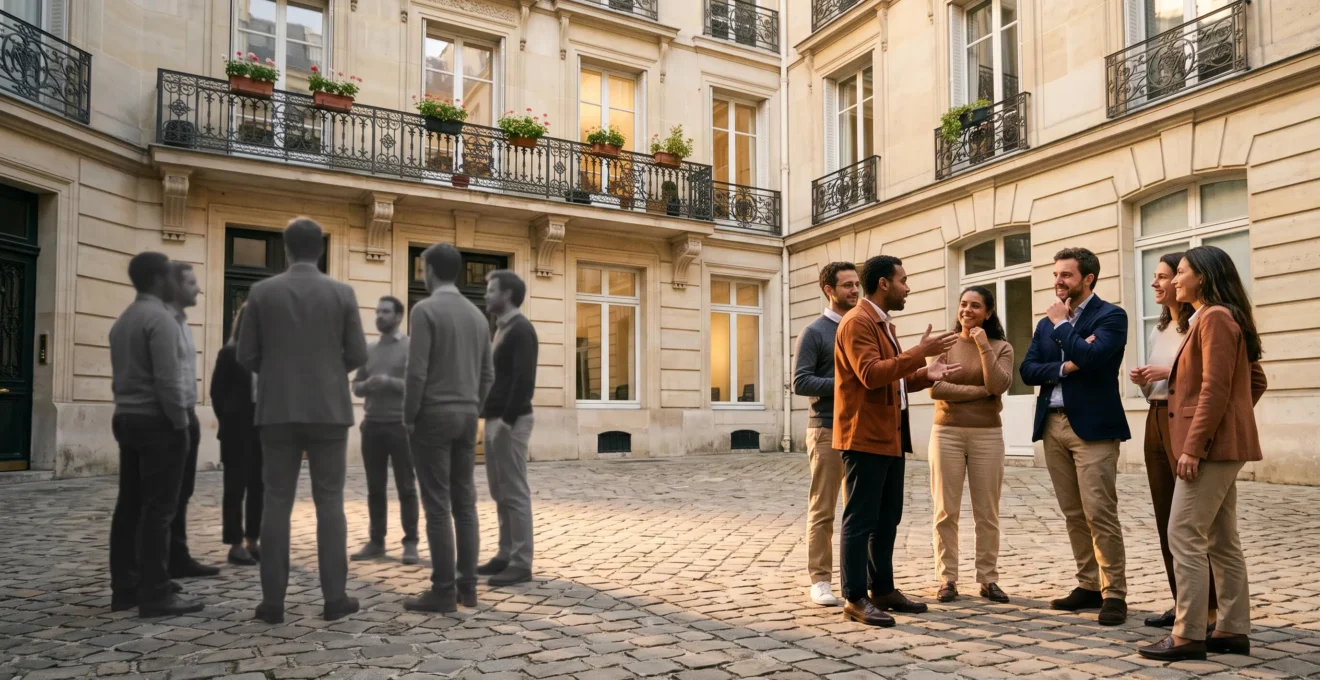 Cour intérieure parisienne où des silhouettes grises et passives se transforment progressivement en personnes colorées et engagées, symbolisant la conversion de followers en ambassadeurs de marque