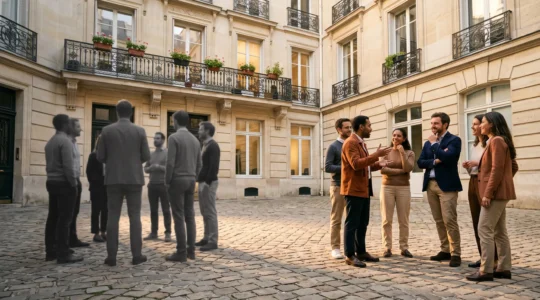 Cour intérieure parisienne où des silhouettes grises et passives se transforment progressivement en personnes colorées et engagées, symbolisant la conversion de followers en ambassadeurs de marque