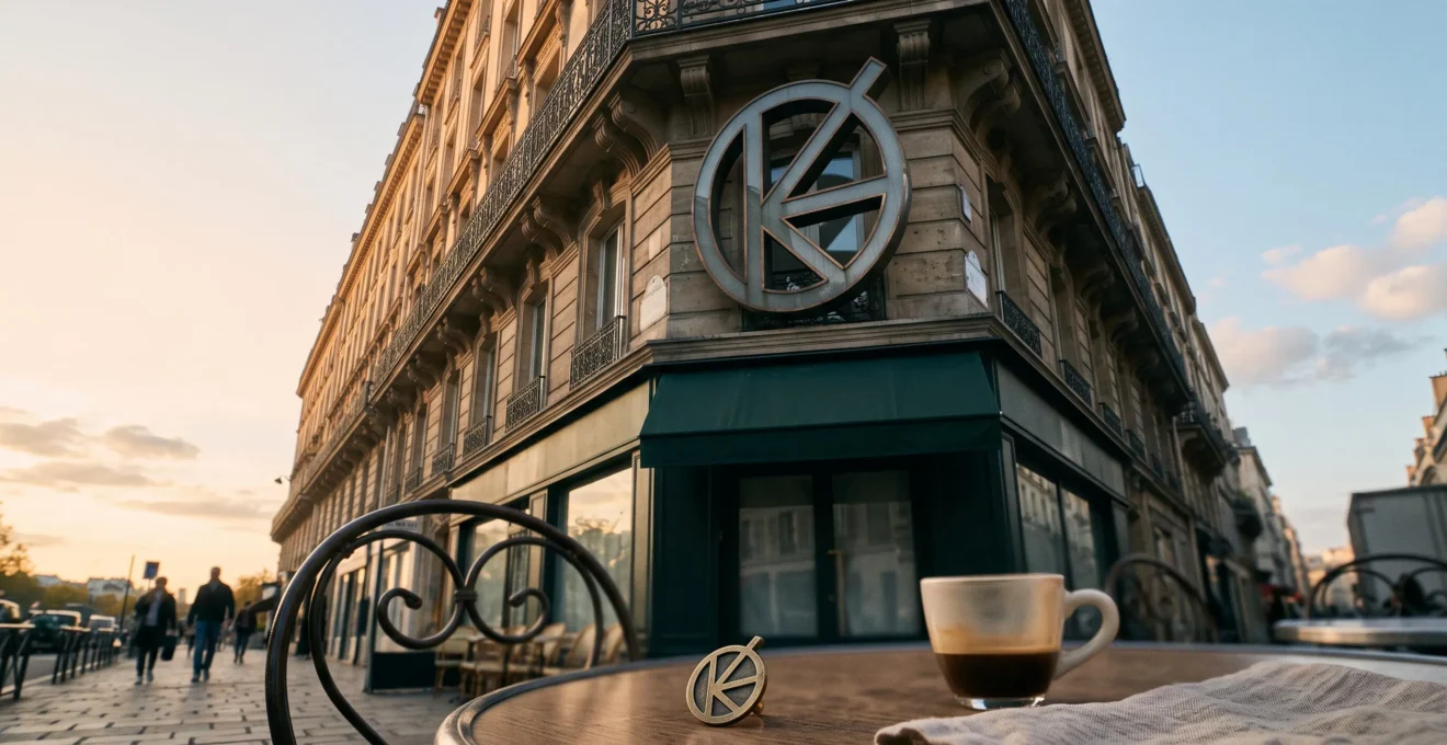 Contraste d'échelle entre un emblème minimaliste vu en très petit format et le même symbole affiché en très grand sur un immeuble parisien