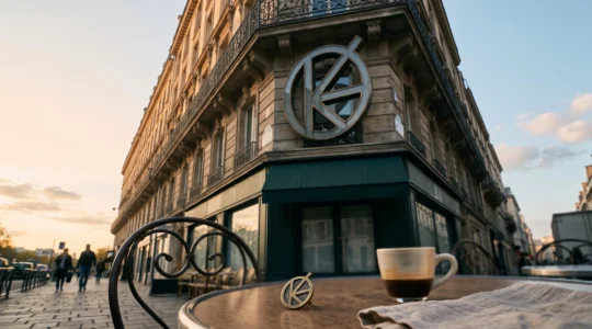 Contraste d'échelle entre un emblème minimaliste vu en très petit format et le même symbole affiché en très grand sur un immeuble parisien