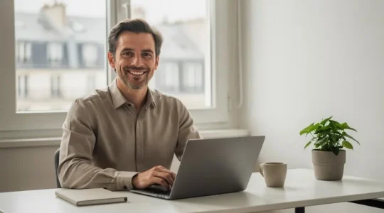 Un entrepreneur français travaillant avec confiance sur un site web professionnel dans un espace lumineux, symbole d'un lancement réussi en moins de sept jours