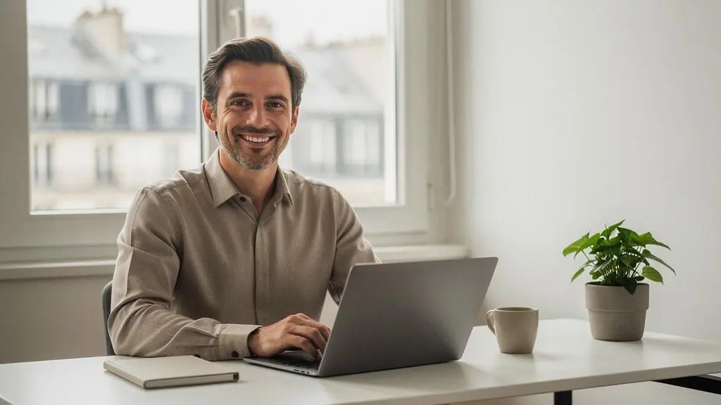 Un entrepreneur français travaillant avec confiance sur un site web professionnel dans un espace lumineux, symbole d'un lancement réussi en moins de sept jours