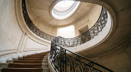 Escalier en colimaçon de style haussmannien menant vers une lumière naturelle, symbolisant l'ascension d'une page web vers le top 3 de Google et la conversion