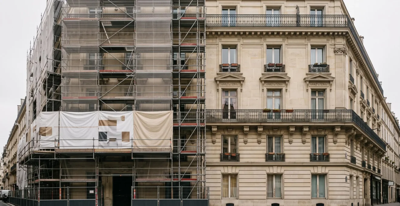 Facade d'un immeuble haussmannien parisien en renovation, echafaudage d'un cote et pierre de taille intacte de l'autre, symbolisant une refonte de site qui preserve ses fondations SEO