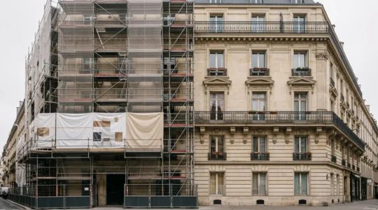 Facade d'un immeuble haussmannien parisien en renovation, echafaudage d'un cote et pierre de taille intacte de l'autre, symbolisant une refonte de site qui preserve ses fondations SEO
