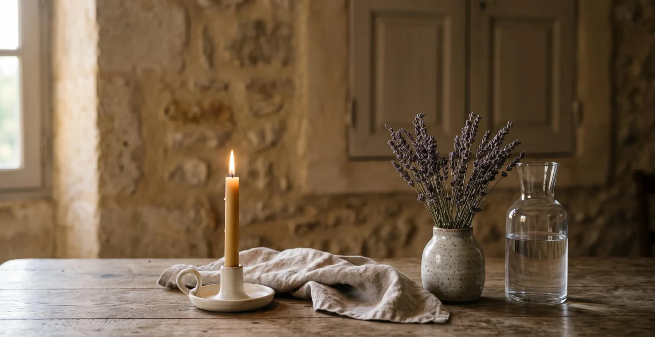 Nature morte élégante à la française avec une unique flamme de bougie en mouvement subtil parmi des objets immobiles