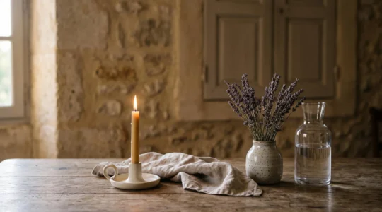 Nature morte élégante à la française avec une unique flamme de bougie en mouvement subtil parmi des objets immobiles