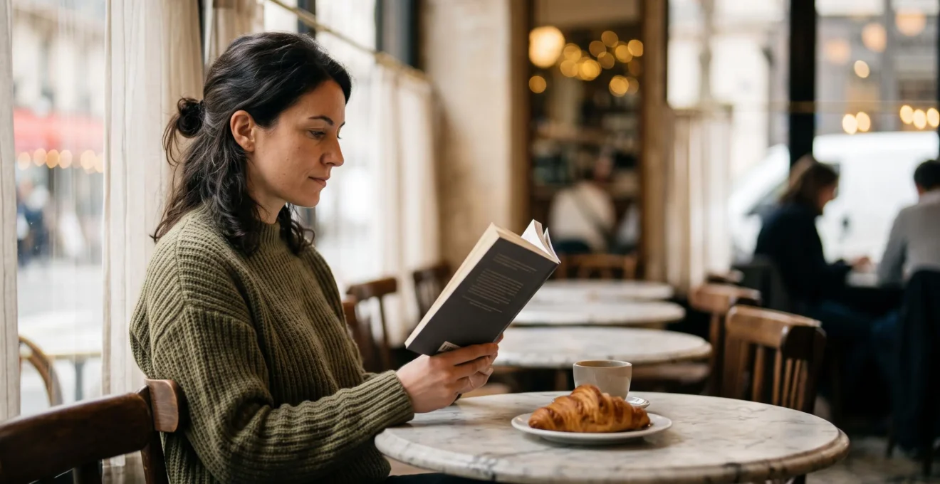 Personne assise dans un café parisien lisant attentivement sur une tablette, illustrant une lecture web fluide et engageante