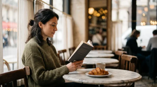 Personne assise dans un café parisien lisant attentivement sur une tablette, illustrant une lecture web fluide et engageante