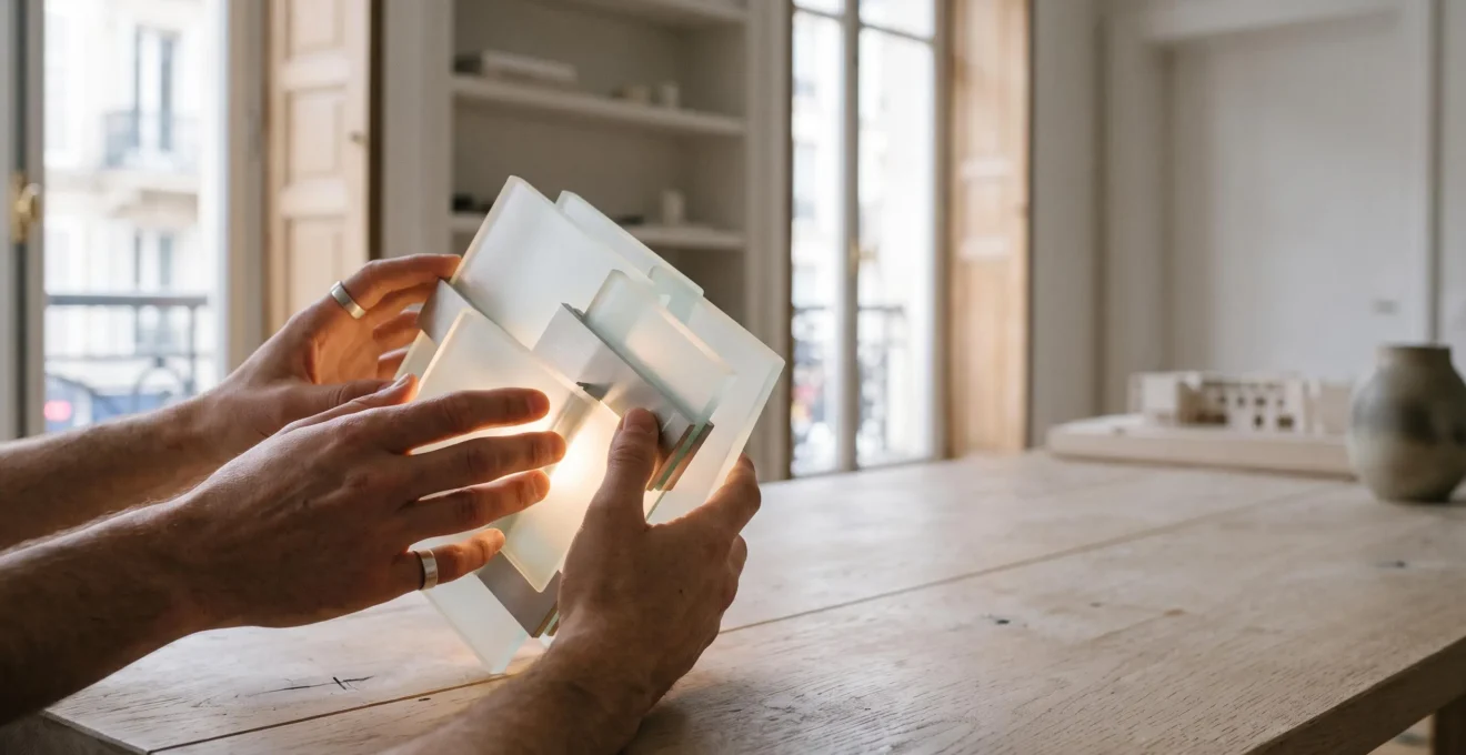 Mains interagissant avec un objet lumineux et modulable sur une table en bois clair, symbolisant l'engagement utilisateur avec un élément interactif