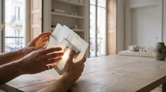 Mains interagissant avec un objet lumineux et modulable sur une table en bois clair, symbolisant l'engagement utilisateur avec un élément interactif