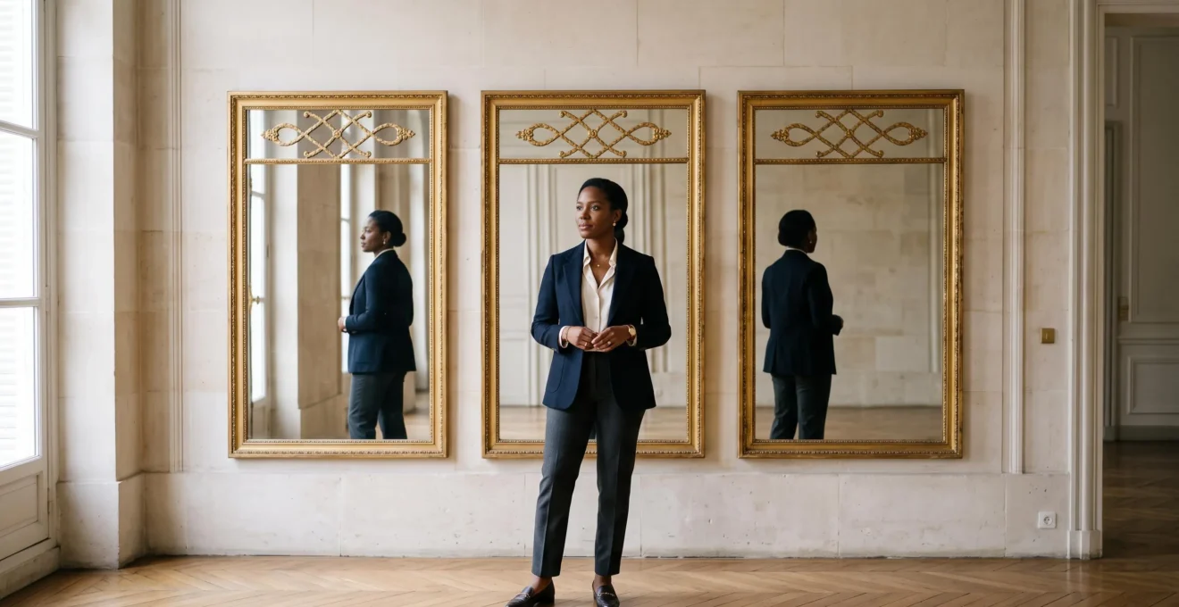 Silhouette d'un professionnel français ajustant son reflet dans trois miroirs dorés symbolisant les trois premières pages de résultats Google