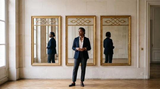 Silhouette d'un professionnel français ajustant son reflet dans trois miroirs dorés symbolisant les trois premières pages de résultats Google