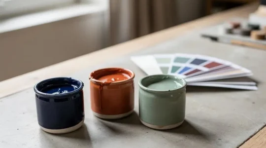 Trois pots de peinture artisanaux representant une palette de marque a cote d'un nuancier, dans un atelier de designer francais baigne de lumiere naturelle