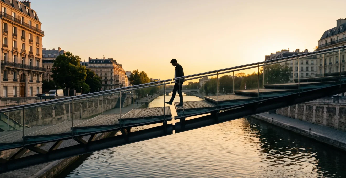 Silhouette traversant une passerelle moderne aux jointures visibles, symbolisant les points de friction du parcours client