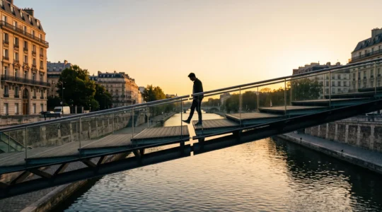 Silhouette traversant une passerelle moderne aux jointures visibles, symbolisant les points de friction du parcours client