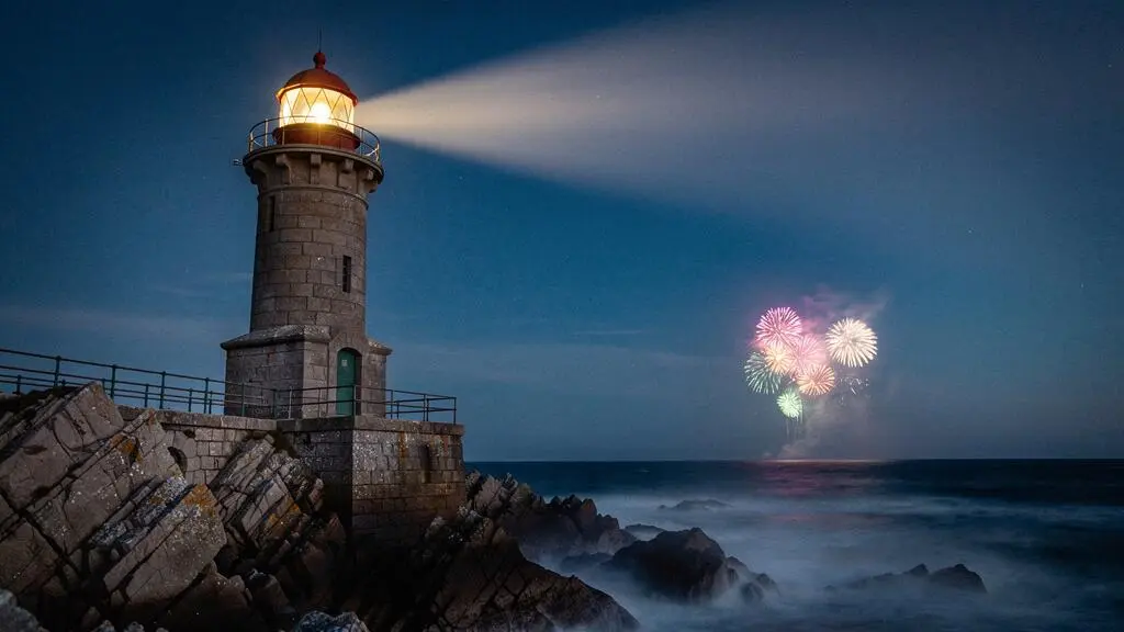Un phare en pierre robuste sur une côte bretonne veille dans la nuit face à des feux d'artifice éphémères qui s'éteignent au loin, symbolisant les leviers marketing durables face aux effets de mode.